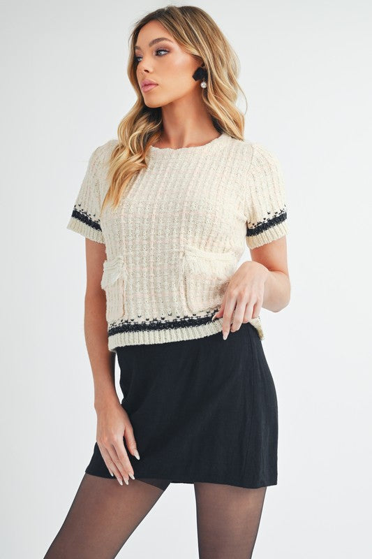 Aemi + Co Harmony Short Sleeve Pocket Tweed Sweater