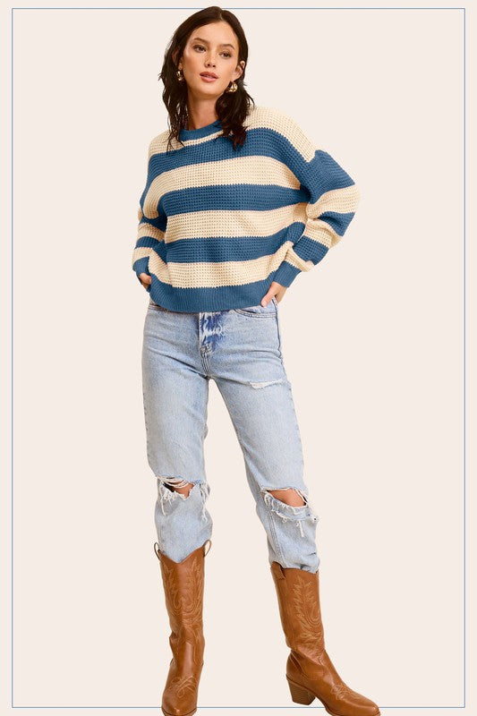 La Miel Striped Round Neck Loose Fit Sweater