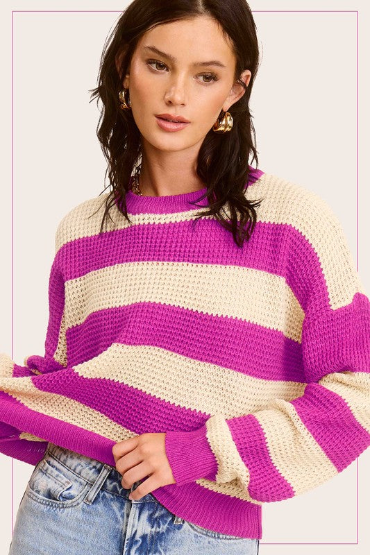 La Miel Striped Round Neck Loose Fit Sweater