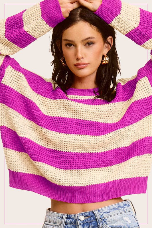 La Miel Striped Round Neck Loose Fit Sweater