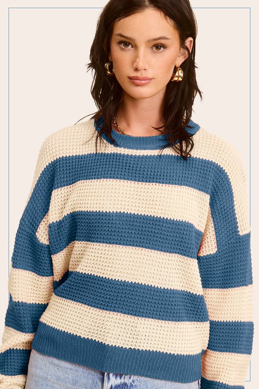 La Miel Striped Round Neck Loose Fit Sweater