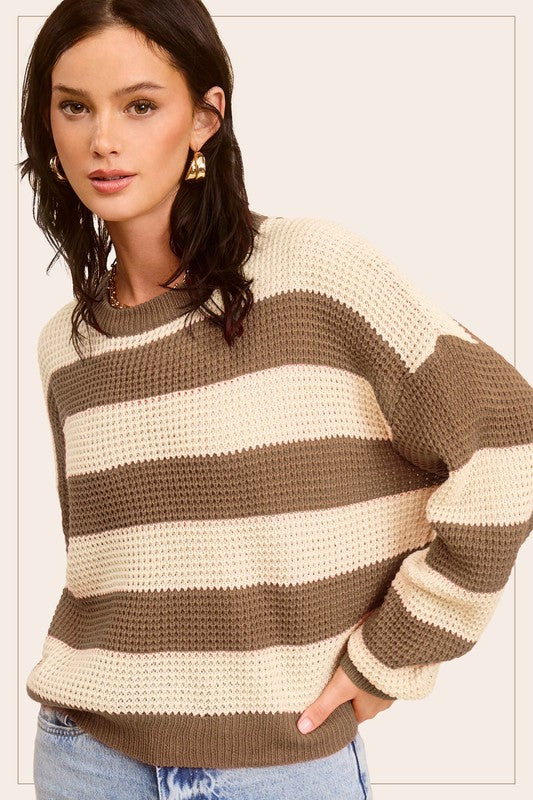 La Miel Striped Round Neck Loose Fit Sweater