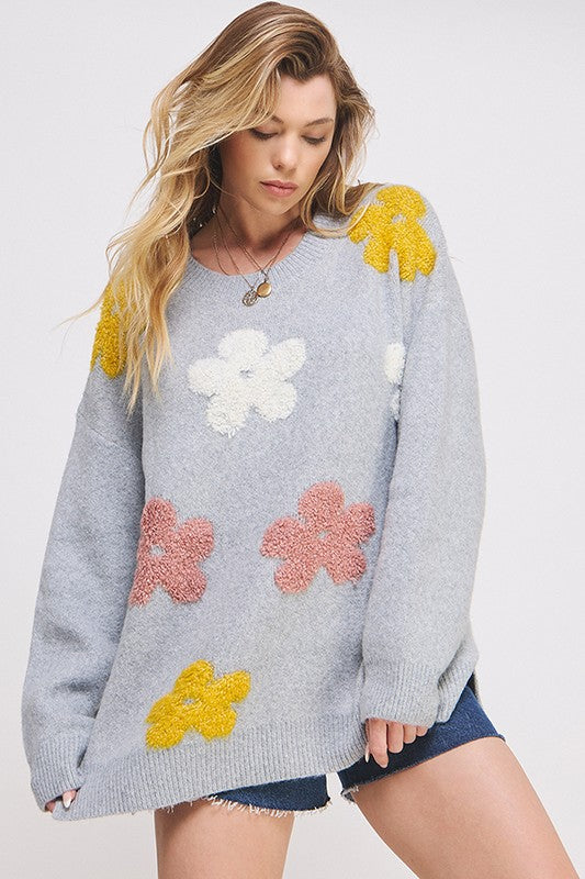 Jade By Jane PLUS OVERSIZED LONG SLEEVE FLORAL KNIT SWEATER