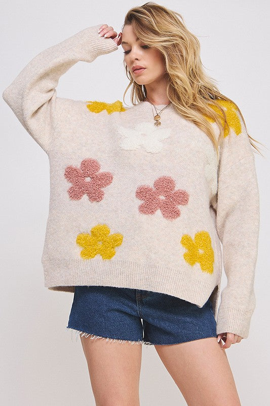 Jade By Jane OVERSIZED LONG SLEEVE FLORAL GRAPHIC KNIT SWEATER