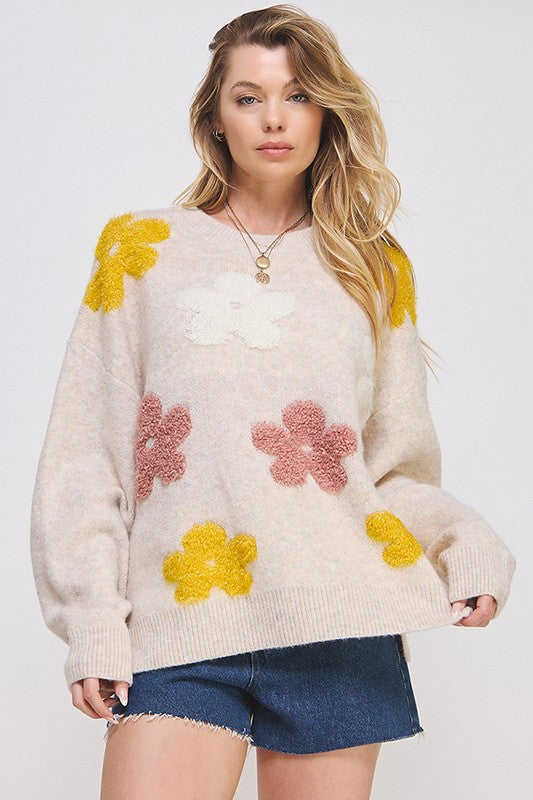 Jade By Jane PLUS OVERSIZED LONG SLEEVE FLORAL KNIT SWEATER