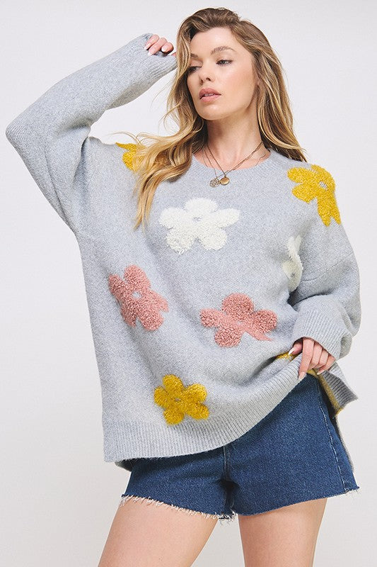 Jade By Jane OVERSIZED LONG SLEEVE FLORAL GRAPHIC KNIT SWEATER