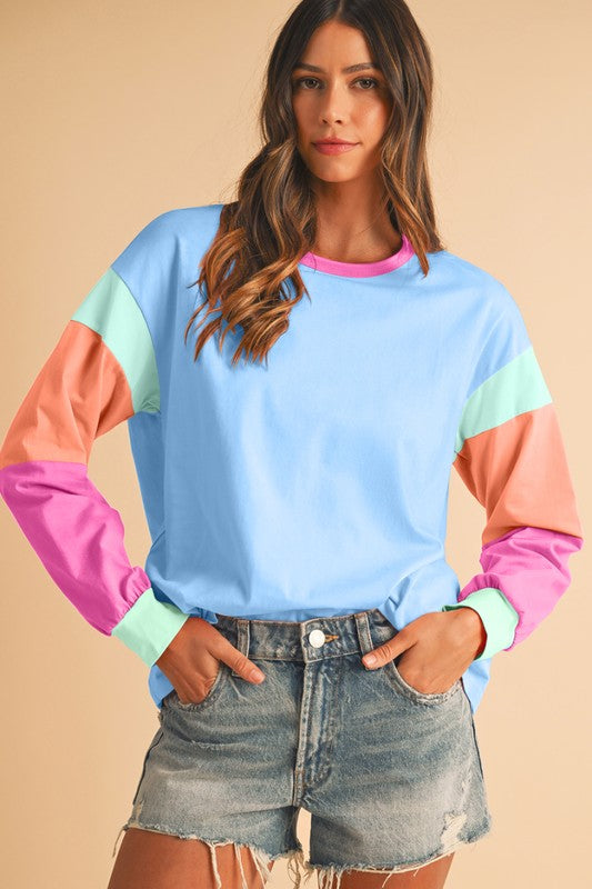 SHEWIN INC. Color Block Long Sleeve Loose Fit Top