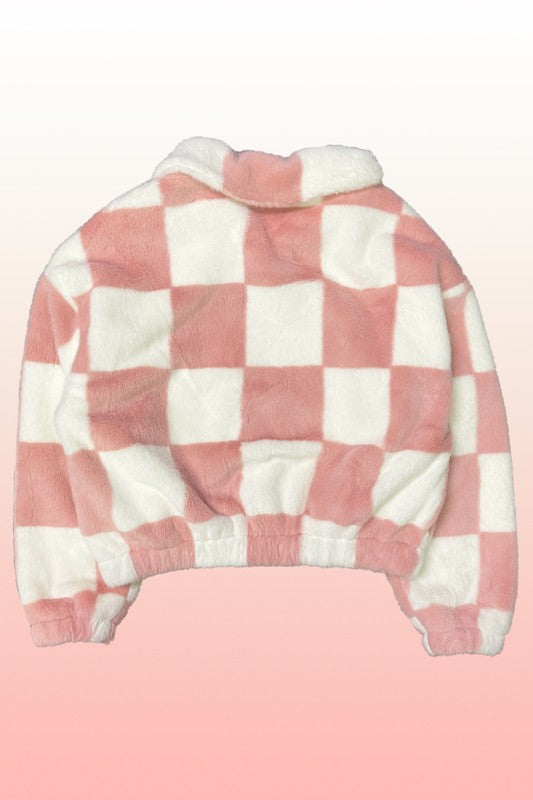 Miss Sparkling Fuzzy checkered zip front jacket