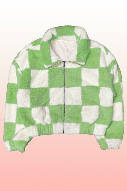 Miss Sparkling Fuzzy checkered zip front jacket