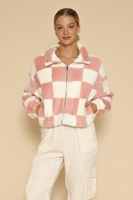 Miss Sparkling Fuzzy checkered zip front jacket