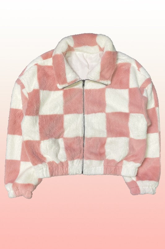 Miss Sparkling Fuzzy checkered zip front jacket