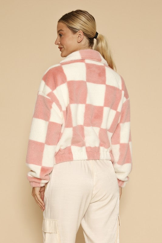 Miss Sparkling Fuzzy checkered zip front jacket