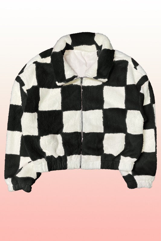 Miss Sparkling Fuzzy checkered zip front jacket