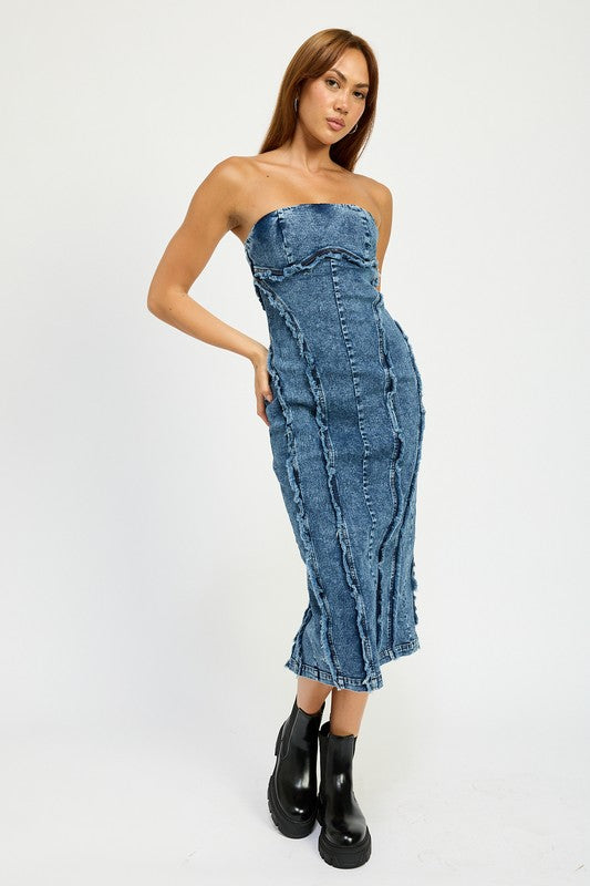 Emory Park TUBE FRAYED SEAM DENIM MIDI DRESS