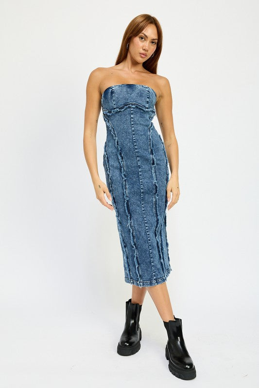 Emory Park TUBE FRAYED SEAM DENIM MIDI DRESS