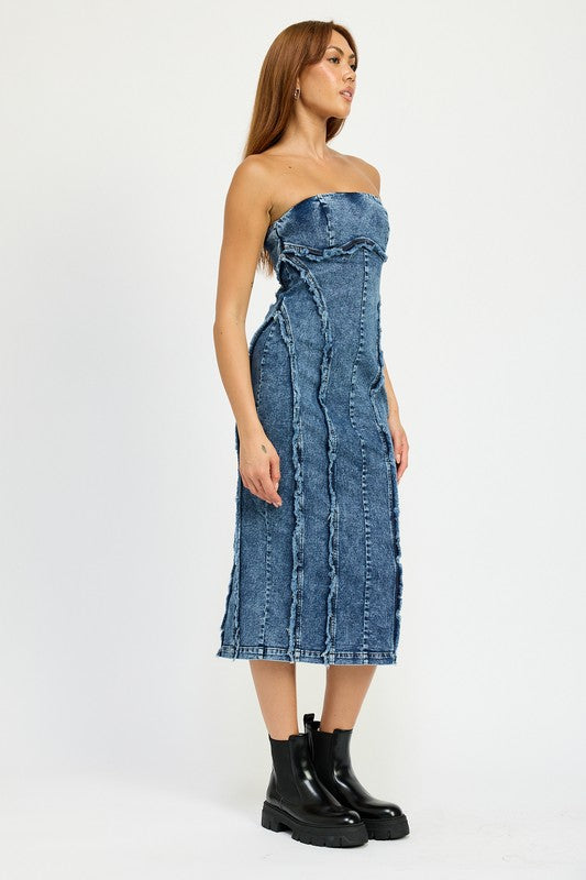 Emory Park TUBE FRAYED SEAM DENIM MIDI DRESS