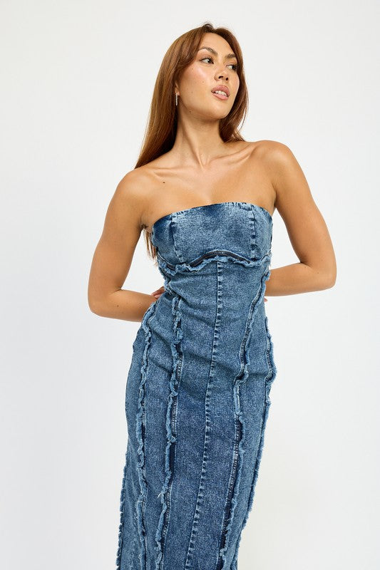 Emory Park TUBE FRAYED SEAM DENIM MIDI DRESS