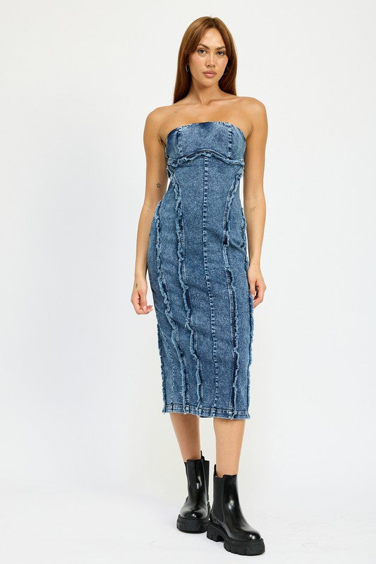 Emory Park TUBE FRAYED SEAM DENIM MIDI DRESS