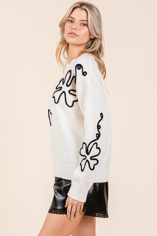 GeeGee Floral Embroidered Knit Sweater