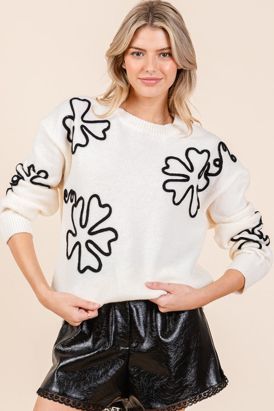 GeeGee Floral Embroidered Knit Sweater