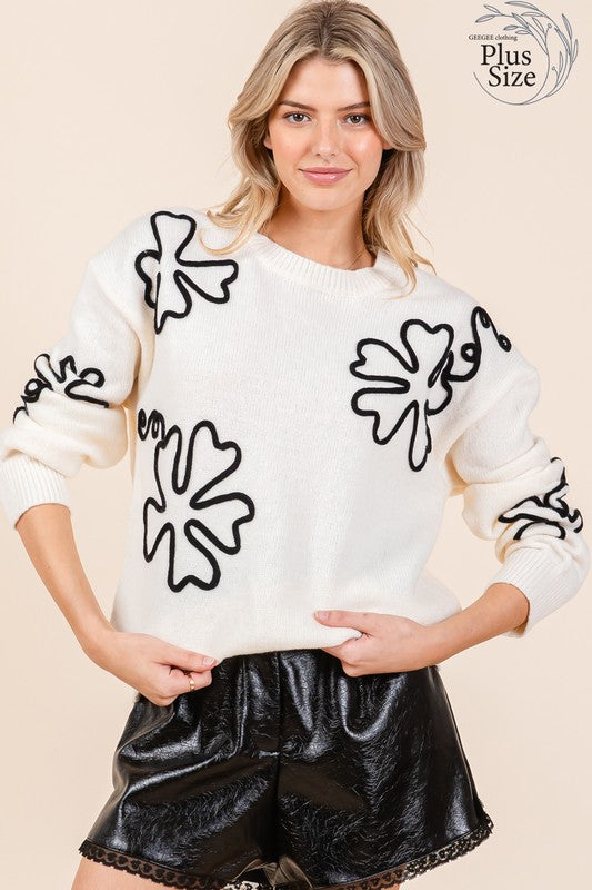 GeeGee Plus Floral Embroidered Knit Sweater