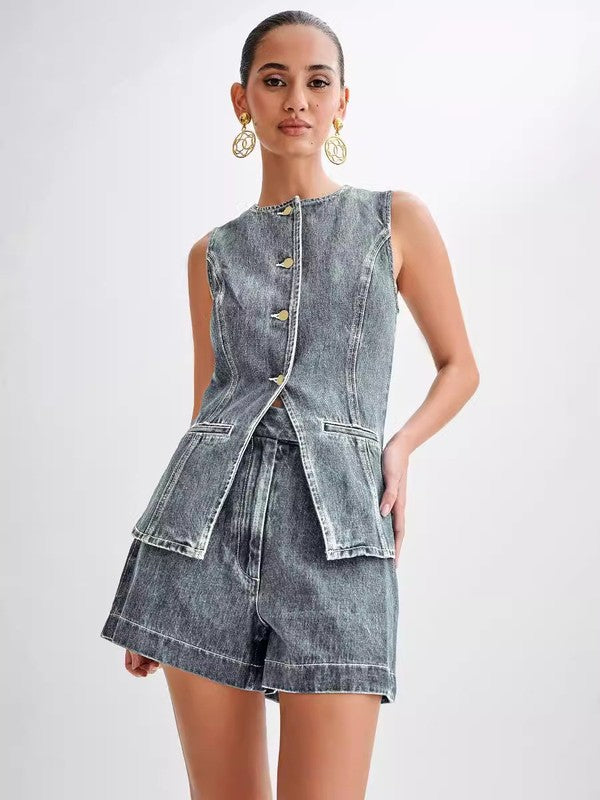 By Claude WOMEN FASHION DENIM TWO PIECE SET