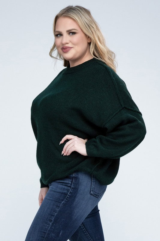ZENANA Plus Oversized Round Neck Raw Seam Melange Sweater