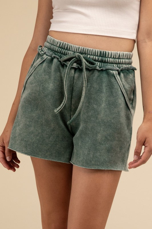 ZENANA Acid Wash Fleece Drawstring Shorts with Pockets