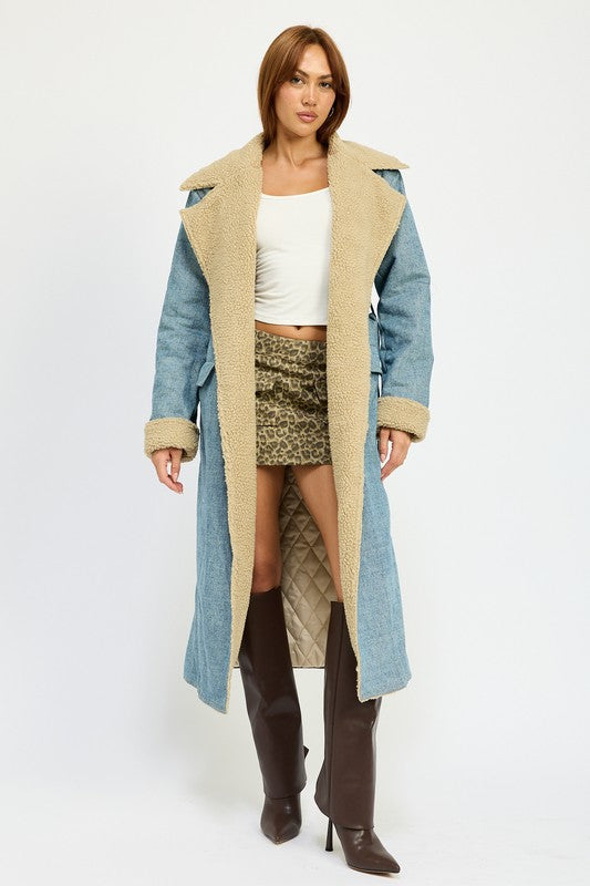 Emory Park SHEARLING DENIM MAXI COAT