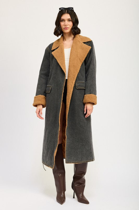 Emory Park SHEARLING DENIM MAXI COAT