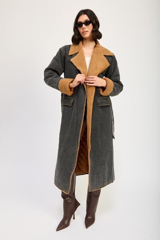 Emory Park SHEARLING DENIM MAXI COAT