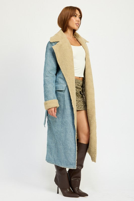 Emory Park SHEARLING DENIM MAXI COAT