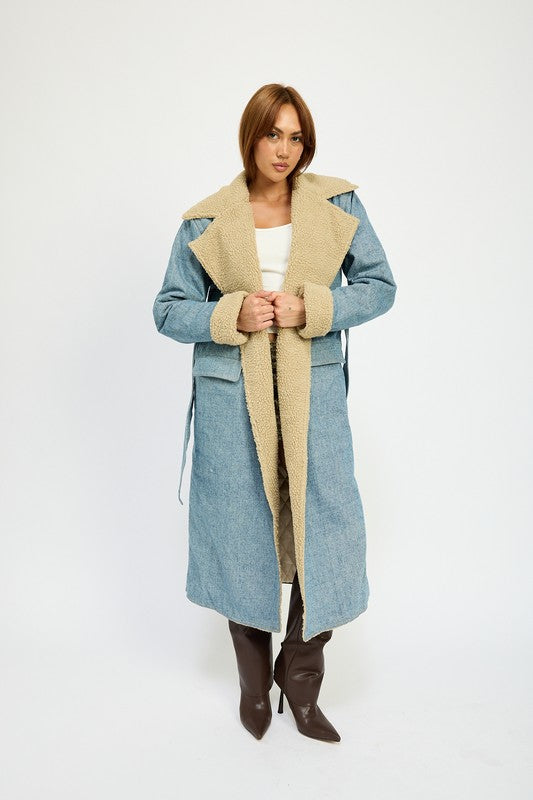 Emory Park SHEARLING DENIM MAXI COAT