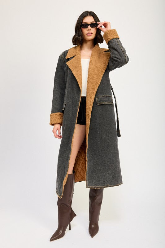 Emory Park SHEARLING DENIM MAXI COAT