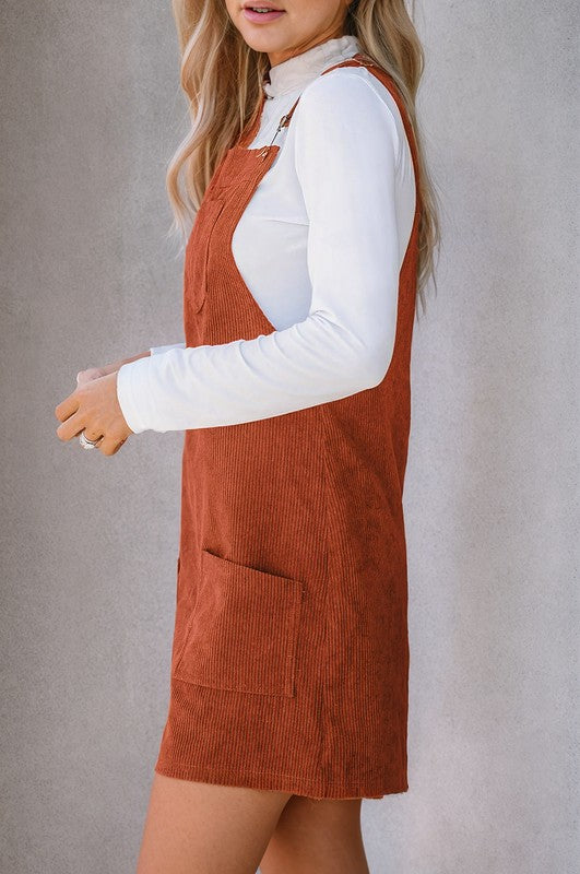 SHEWIN Corduroy Front Pockets Overall Dress