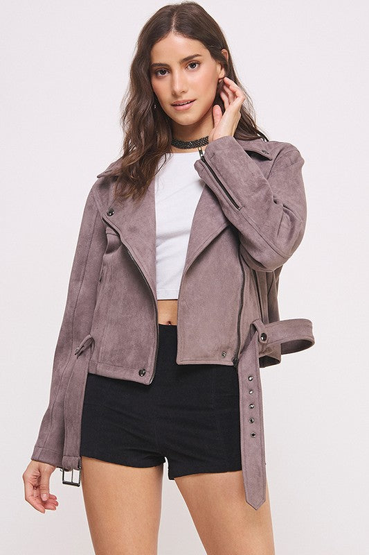 Jade By Jane BELTED LONG SLEEVE ZIPPERED SUEDE MOTO JACKET