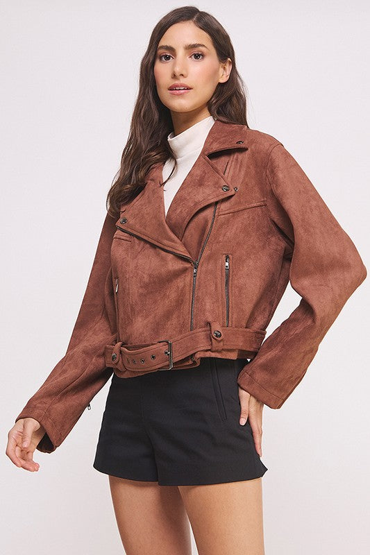 Jade By Jane BELTED LONG SLEEVE ZIPPERED SUEDE MOTO JACKET