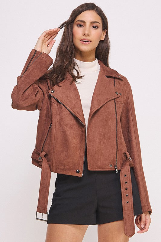 Jade By Jane BELTED LONG SLEEVE ZIPPERED SUEDE MOTO JACKET