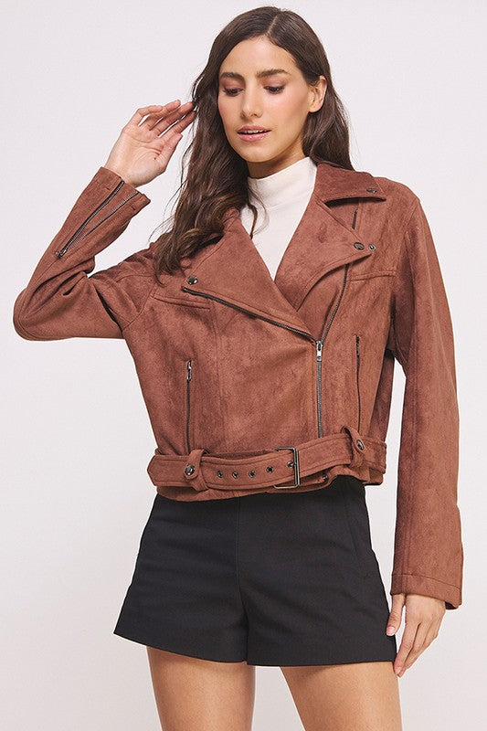 Jade By Jane BELTED LONG SLEEVE ZIPPERED SUEDE MOTO JACKET