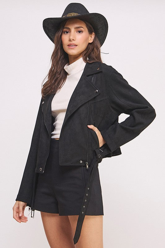 Jade By Jane BELTED LONG SLEEVE ZIPPERED SUEDE MOTO JACKET