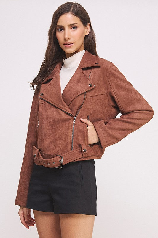 Jade By Jane BELTED LONG SLEEVE ZIPPERED SUEDE MOTO JACKET