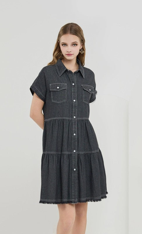 noflik Button Down Tiered Babydoll Denim Shirt Dress