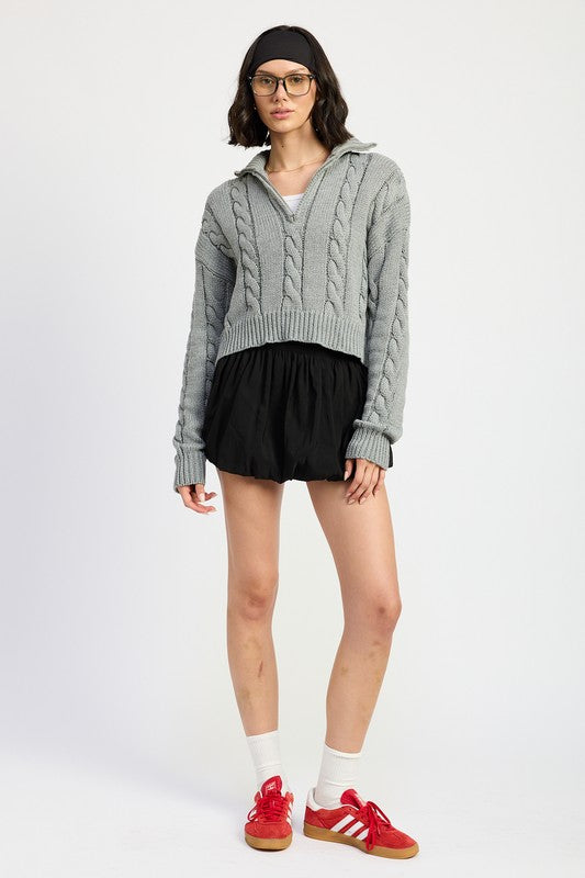 Emory Park CABLE KNIT CROP SWEATER WITH HALF ZIP