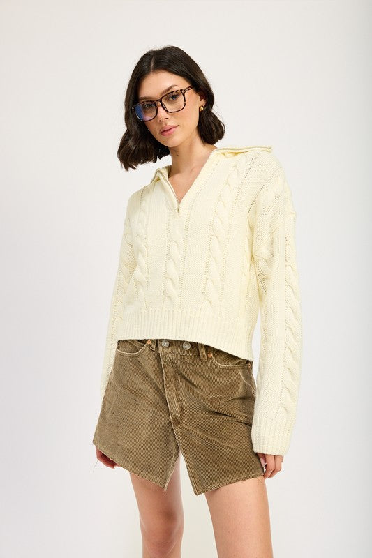 Emory Park CABLE KNIT CROP SWEATER WITH HALF ZIP