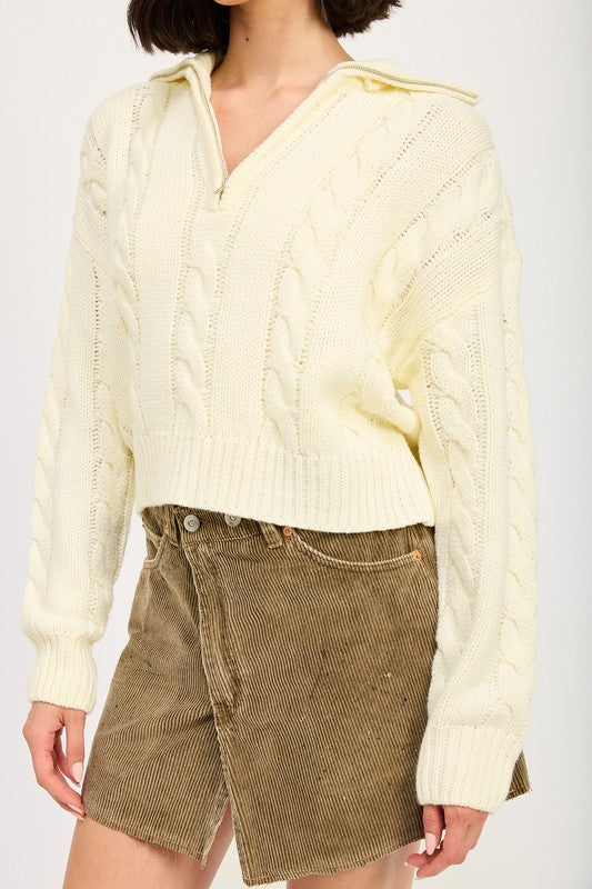 Emory Park CABLE KNIT CROP SWEATER WITH HALF ZIP