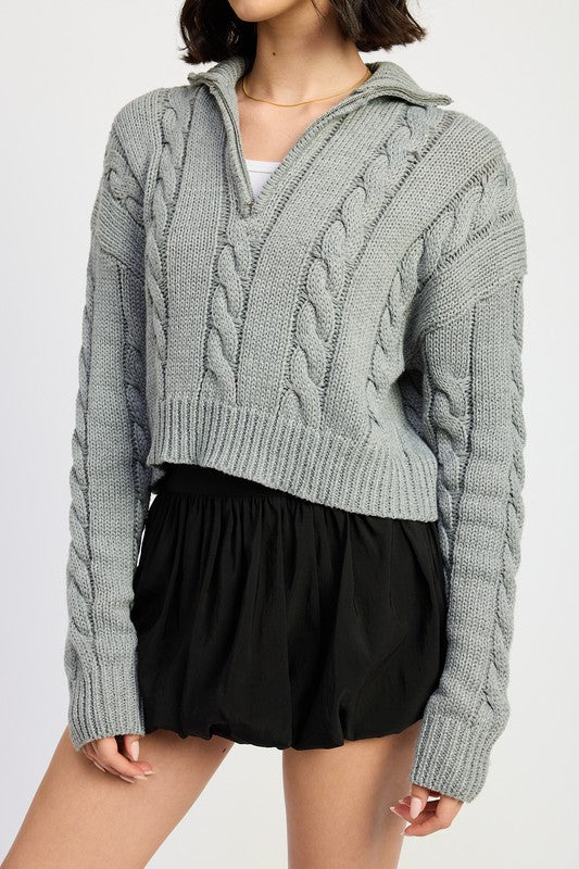 Emory Park CABLE KNIT CROP SWEATER WITH HALF ZIP