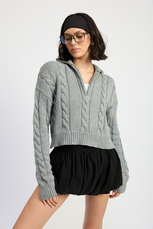 Emory Park CABLE KNIT CROP SWEATER WITH HALF ZIP