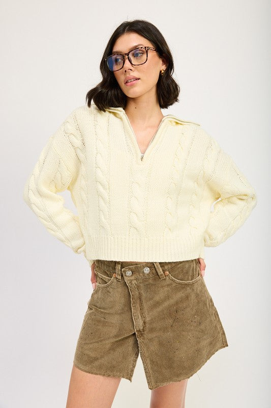 Emory Park CABLE KNIT CROP SWEATER WITH HALF ZIP