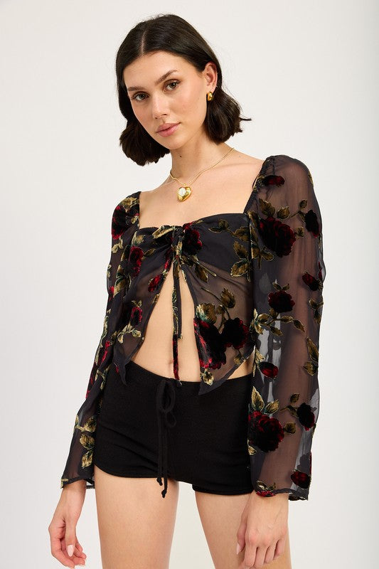 Emory Park Sheer FLORAL FLYAWAY SLEEVE TOP