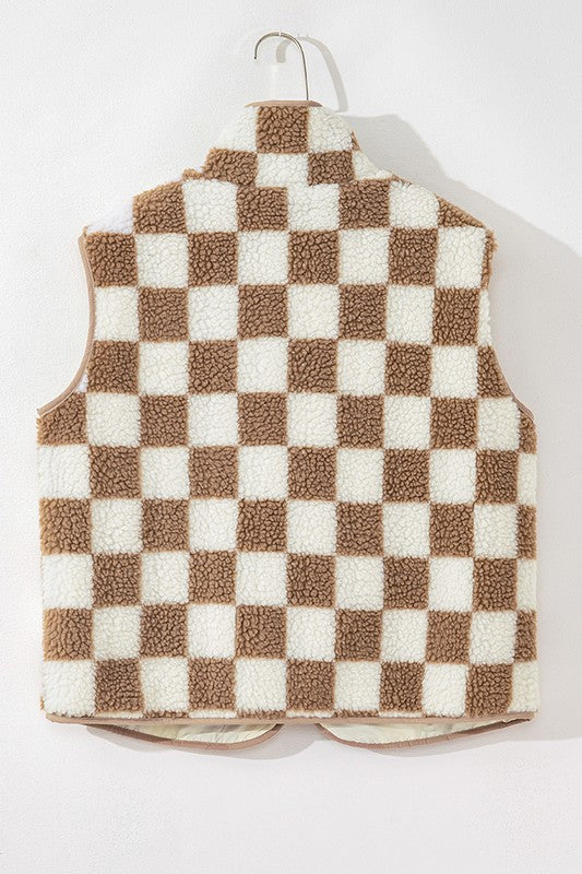 SHEWIN Checkered Sherpa Collared Jacket Vest